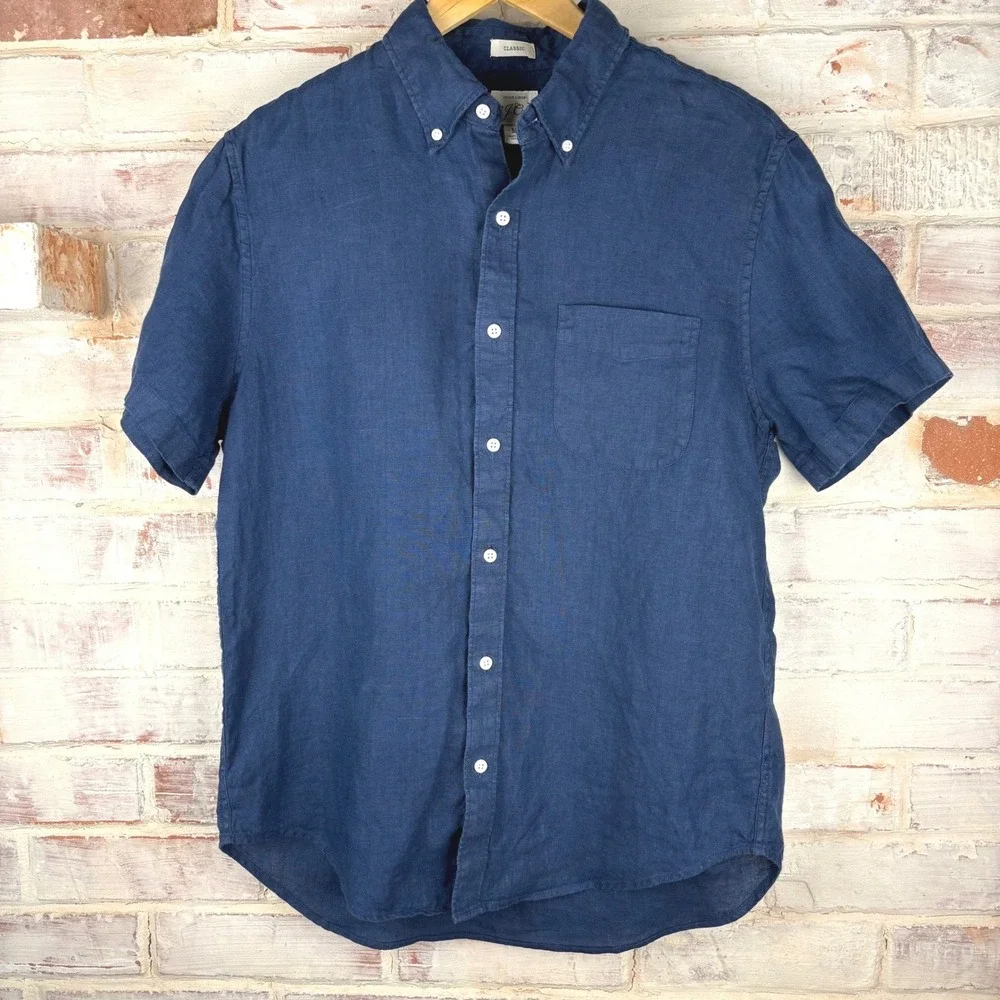 J.Crew Irish Linen Short Sleeve Button Down Shirt Navy Classic Fit Men M
